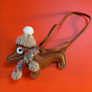 Brown Dachshund Leather Charm with Knit Hat & Pom-Pom